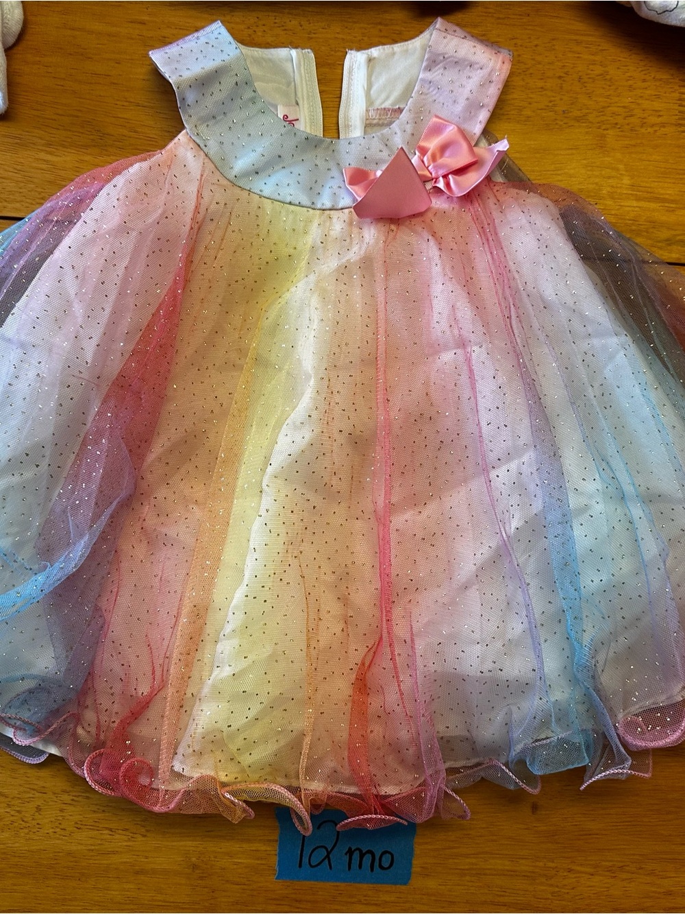 Jessica Ann Pastel Rainbow Tulle Party Dress with Pink Bow